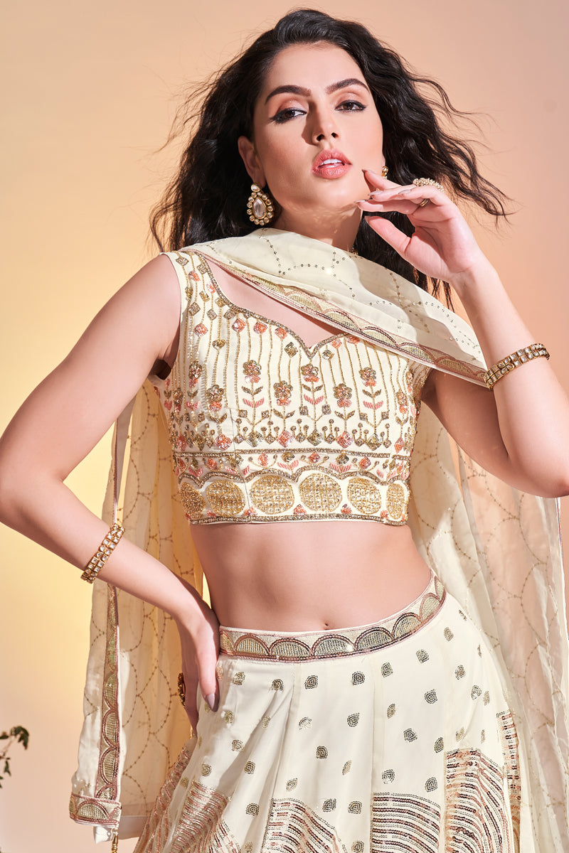 Georgette Cream Color Readymade Sequins Designs Lehenga Clothsvilla