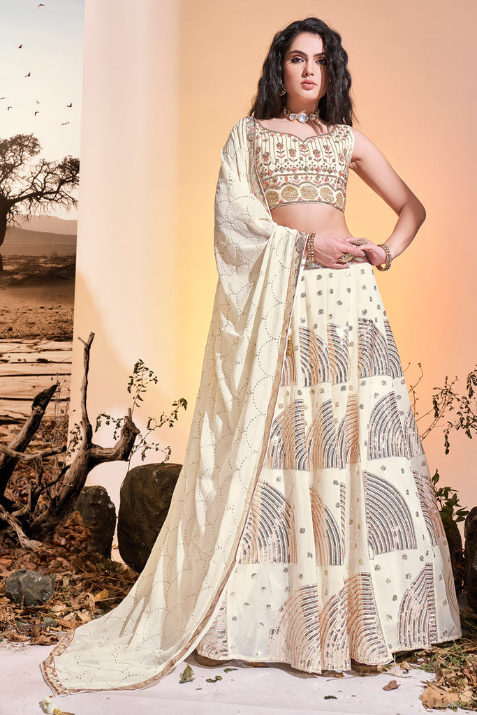 Georgette Cream Color Readymade Sequins Designs Lehenga Clothsvilla