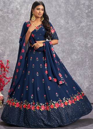 Excellent Thread Embroidered Georgette Navy Blue Lehenga Choli ClothsVilla