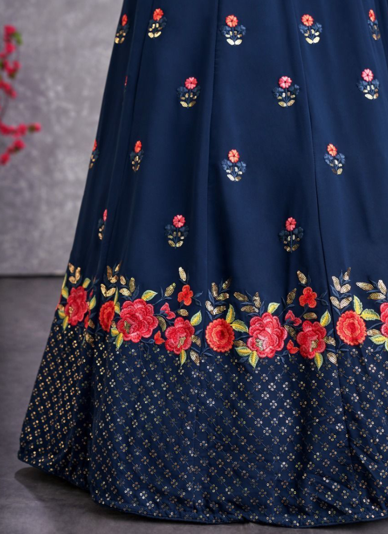 Excellent Thread Embroidered Georgette Navy Blue Lehenga Choli ClothsVilla