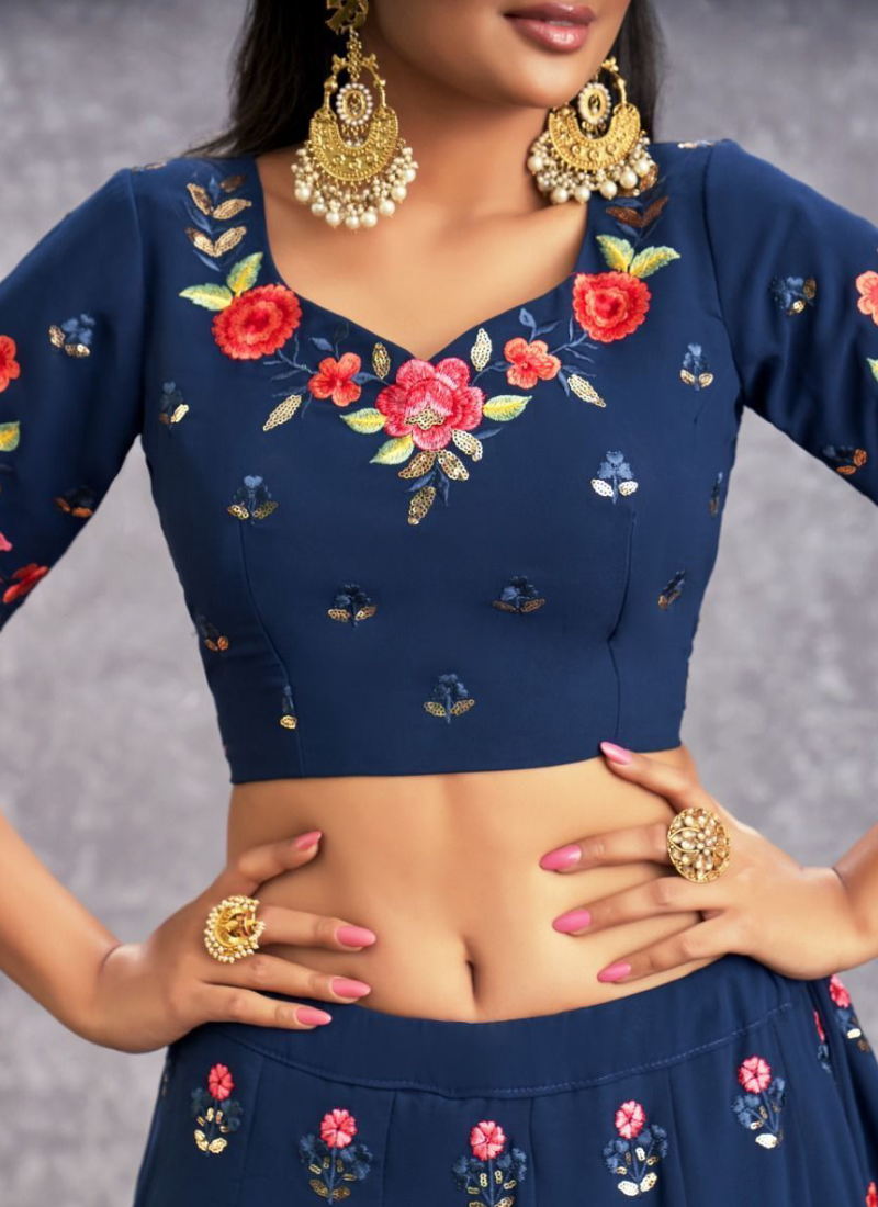 Excellent Thread Embroidered Georgette Navy Blue Lehenga Choli ClothsVilla