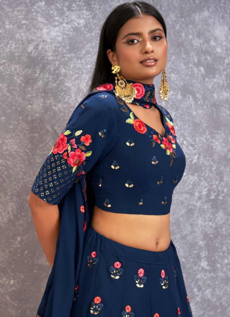 Excellent Thread Embroidered Georgette Navy Blue Lehenga Choli ClothsVilla