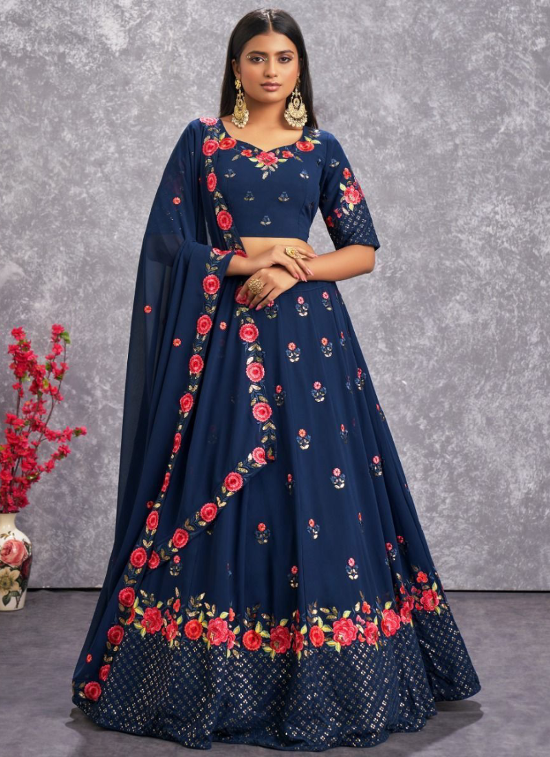 Excellent Thread Embroidered Georgette Navy Blue Lehenga Choli ClothsVilla