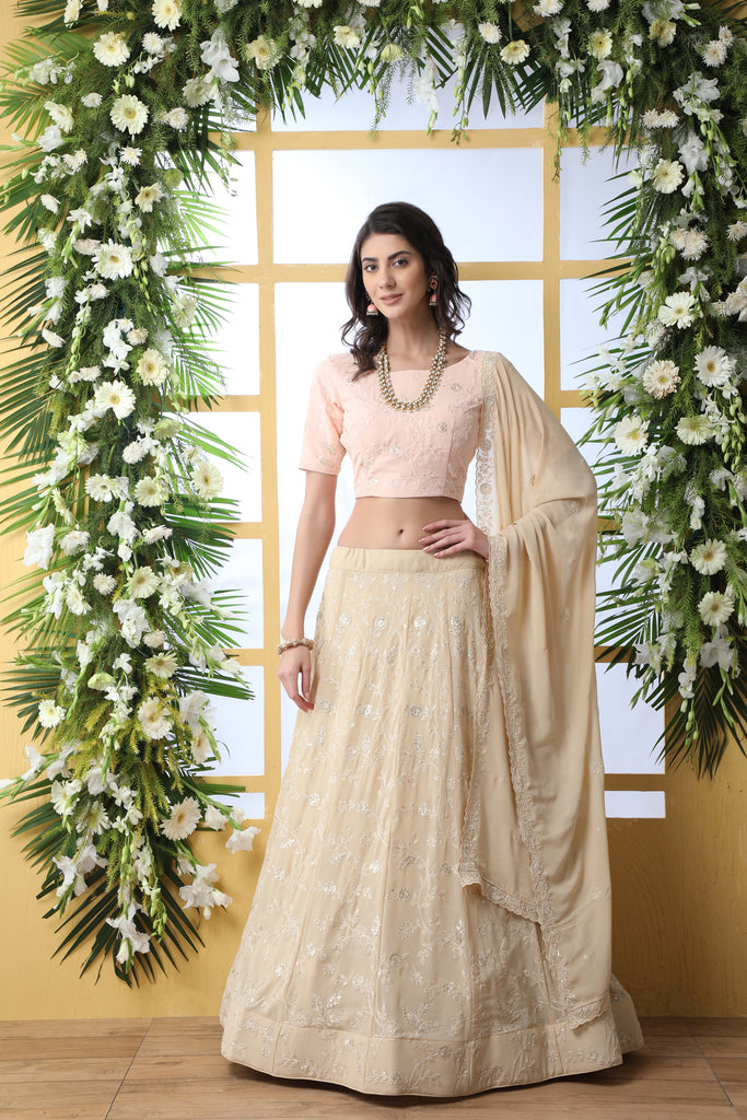 Exclusive Beige Georgette Lehenga Choli - Chain Stitch And Sequence Work With Heavy Georgette Dupatta For Women ClothsVilla