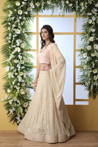 Exclusive Beige Georgette Lehenga Choli - Chain Stitch And Sequence Work With Heavy Georgette Dupatta For Women ClothsVilla