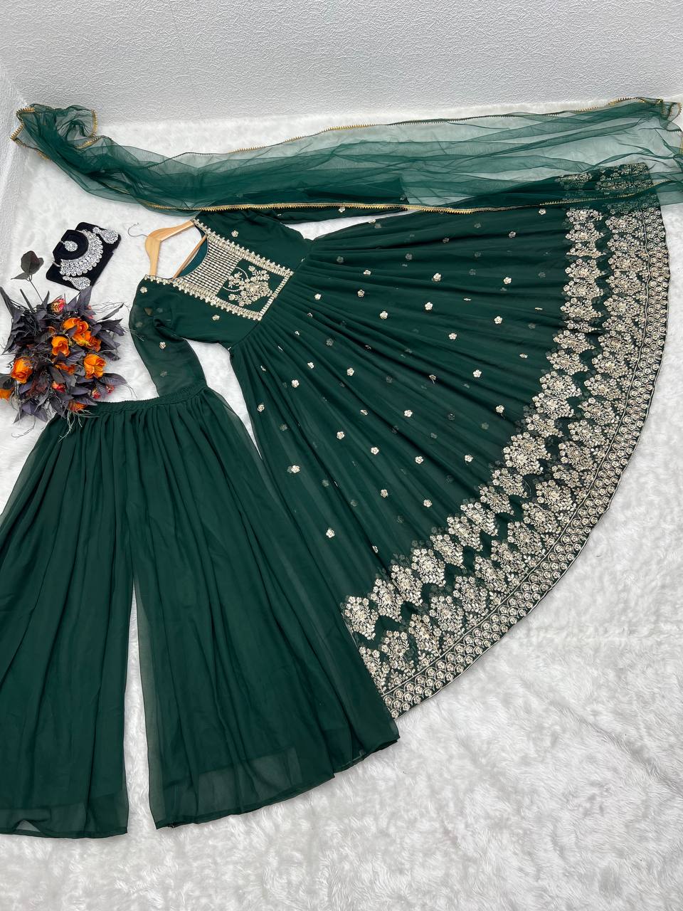 Exclusive Dark Green Color Embroidery Sequence Work Palazzo Suit Clothsvilla Main image