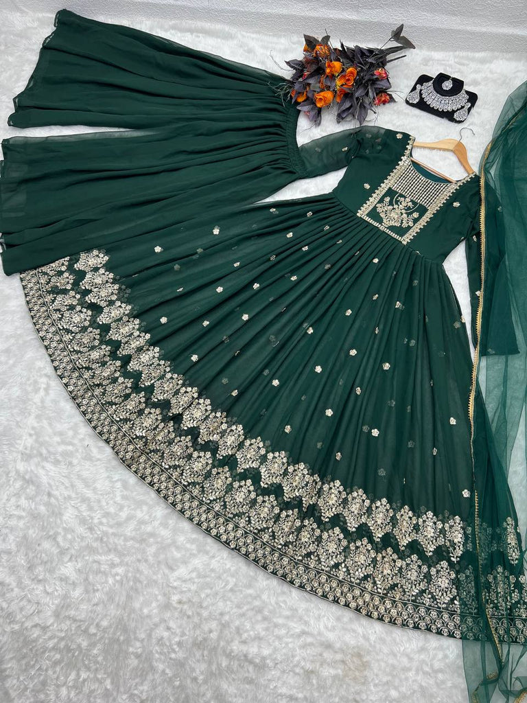 Exclusive Dark Green Color Embroidery Sequence Work Palazzo Suit Clothsvilla