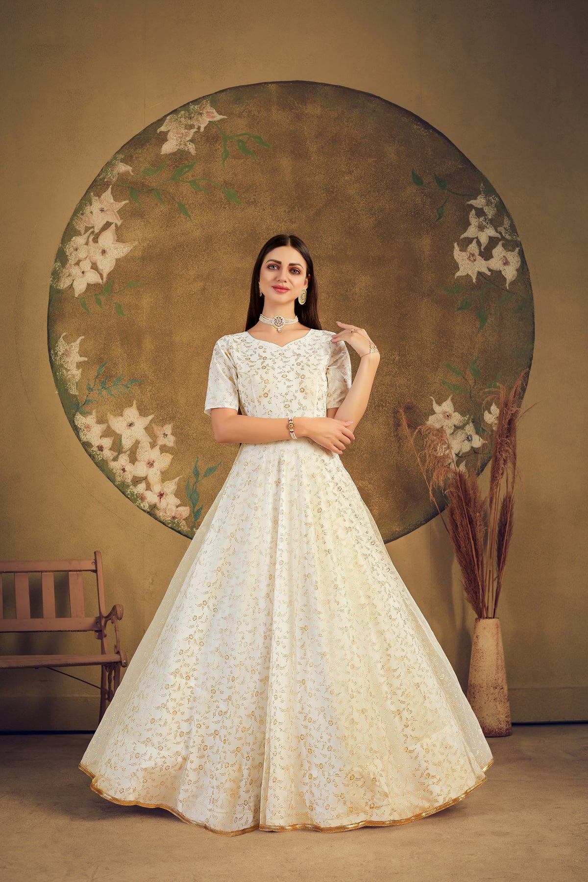 Exclusive Designer Net Gown For Women Floral Bride Gown Indian Wedding Reception Gown Bridal Dress Indian Suit Floral Anarkali White Gown ClothsVilla Main image