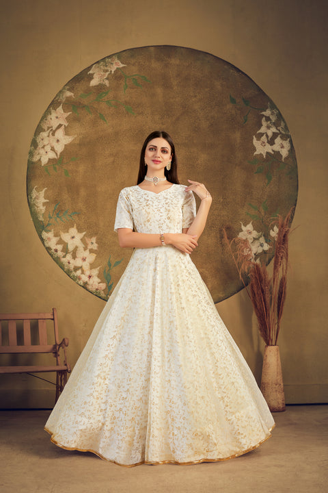 Exclusive Designer Net Gown For Women Floral Bride Gown Indian Wedding Reception Gown Bridal Dress Indian Suit Floral Anarkali White Gown ClothsVilla Main image