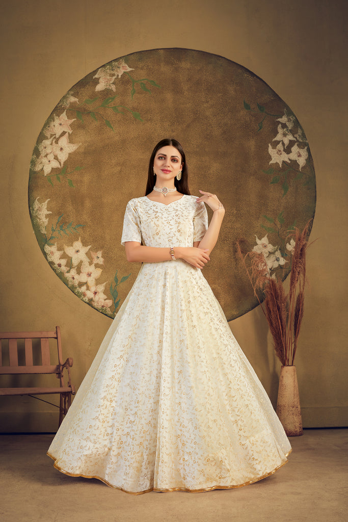 Exclusive Designer Net Gown For Women Floral Bride Gown Indian Wedding Reception Gown Bridal Dress Indian Suit Floral Anarkali White Gown ClothsVilla