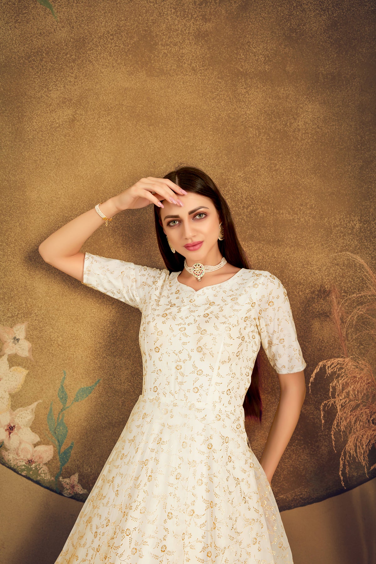 Exclusive Designer Net Gown For Women Floral Bride Gown Indian Wedding Reception Gown Bridal Dress Indian Suit Floral Anarkali White Gown ClothsVilla