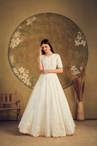 Exclusive Designer Net Gown For Women Floral Bride Gown Indian Wedding Reception Gown Bridal Dress Indian Suit Floral Anarkali White Gown ClothsVilla