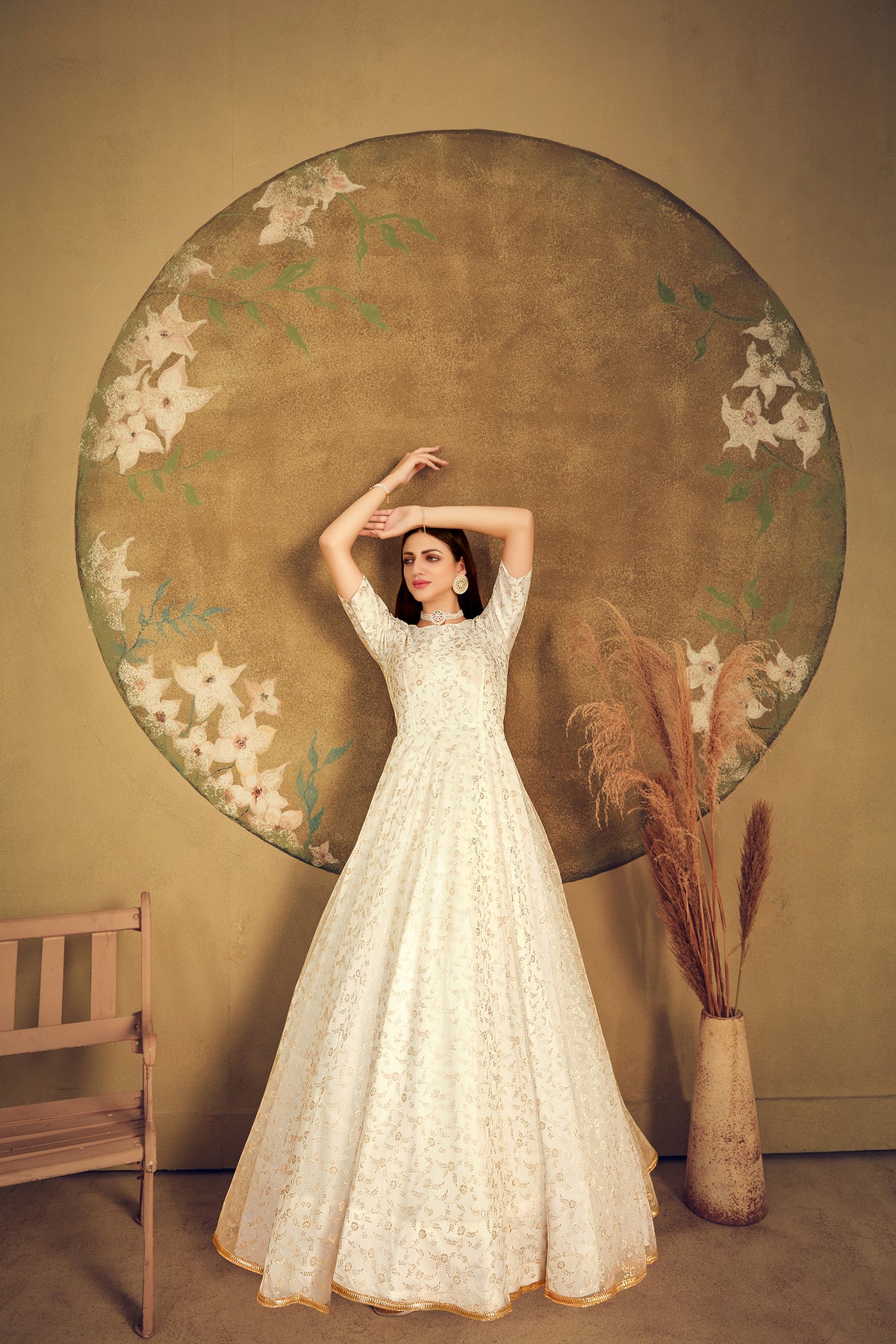 Exclusive Designer Net Gown For Women Floral Bride Gown Indian Wedding Reception Gown Bridal Dress Indian Suit Floral Anarkali White Gown ClothsVilla