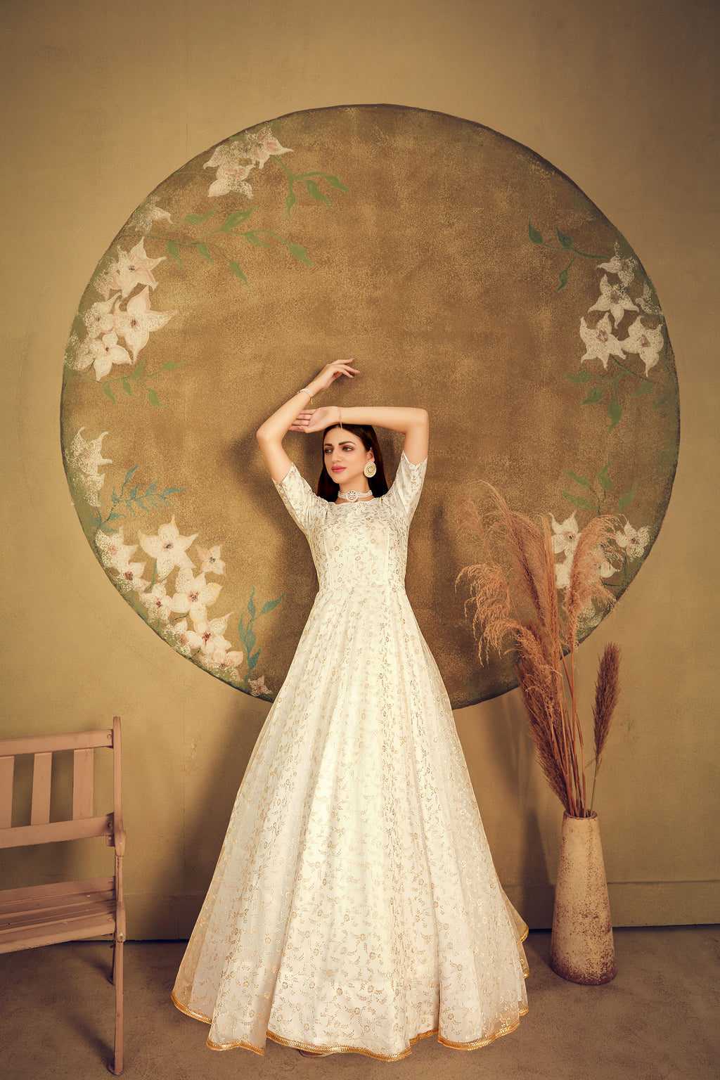 Exclusive Designer Net Gown For Women Floral Bride Gown Indian Wedding Reception Gown Bridal Dress Indian Suit Floral Anarkali White Gown ClothsVilla