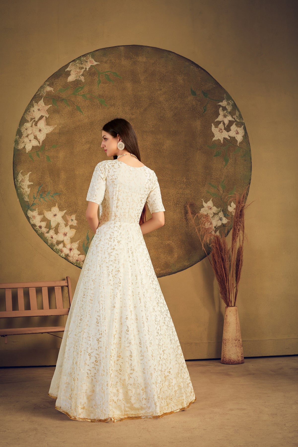 Exclusive Designer Net Gown For Women Floral Bride Gown Indian Wedding Reception Gown Bridal Dress Indian Suit Floral Anarkali White Gown ClothsVilla