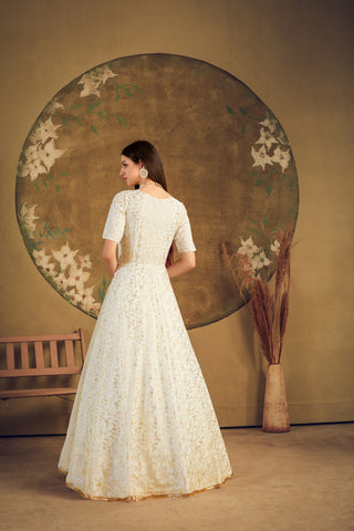 Exclusive Designer Net Gown For Women Floral Bride Gown Indian Wedding Reception Gown Bridal Dress Indian Suit Floral Anarkali White Gown ClothsVilla