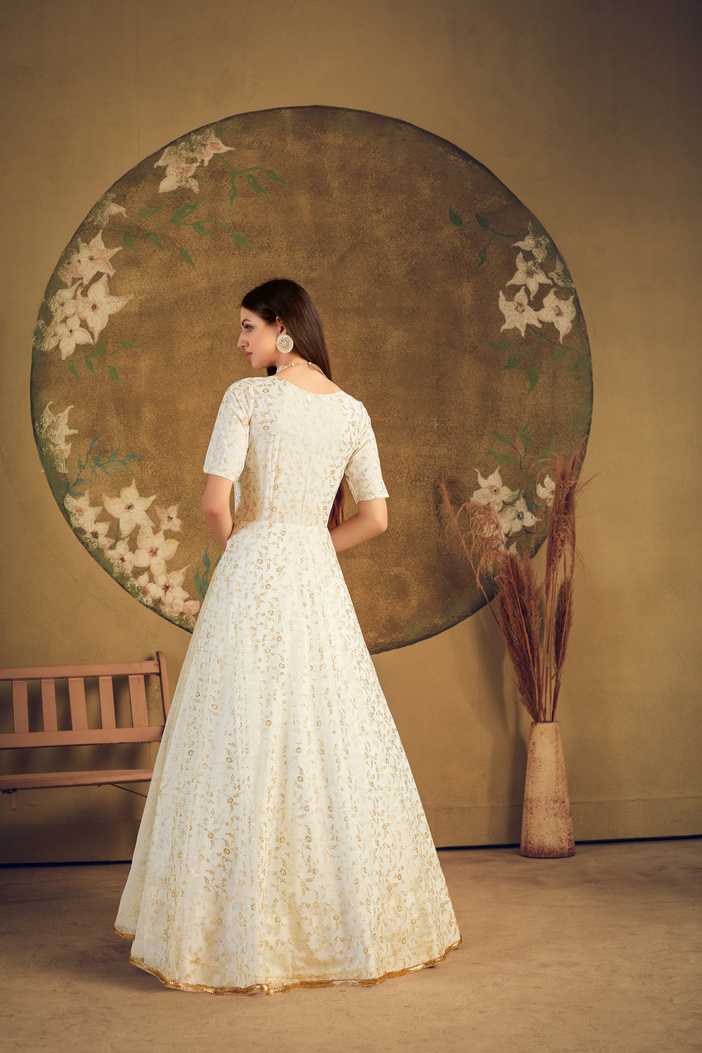 Exclusive Designer Net Gown For Women Floral Bride Gown Indian Wedding Reception Gown Bridal Dress Indian Suit Floral Anarkali White Gown ClothsVilla