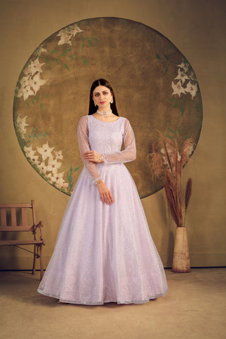 Exclusive Dress Designer Gown For Women Floral Bride Gown Indian Wedding Reception Gown Indian Suit Floral Anarkali Violet Gown ClothsVilla
