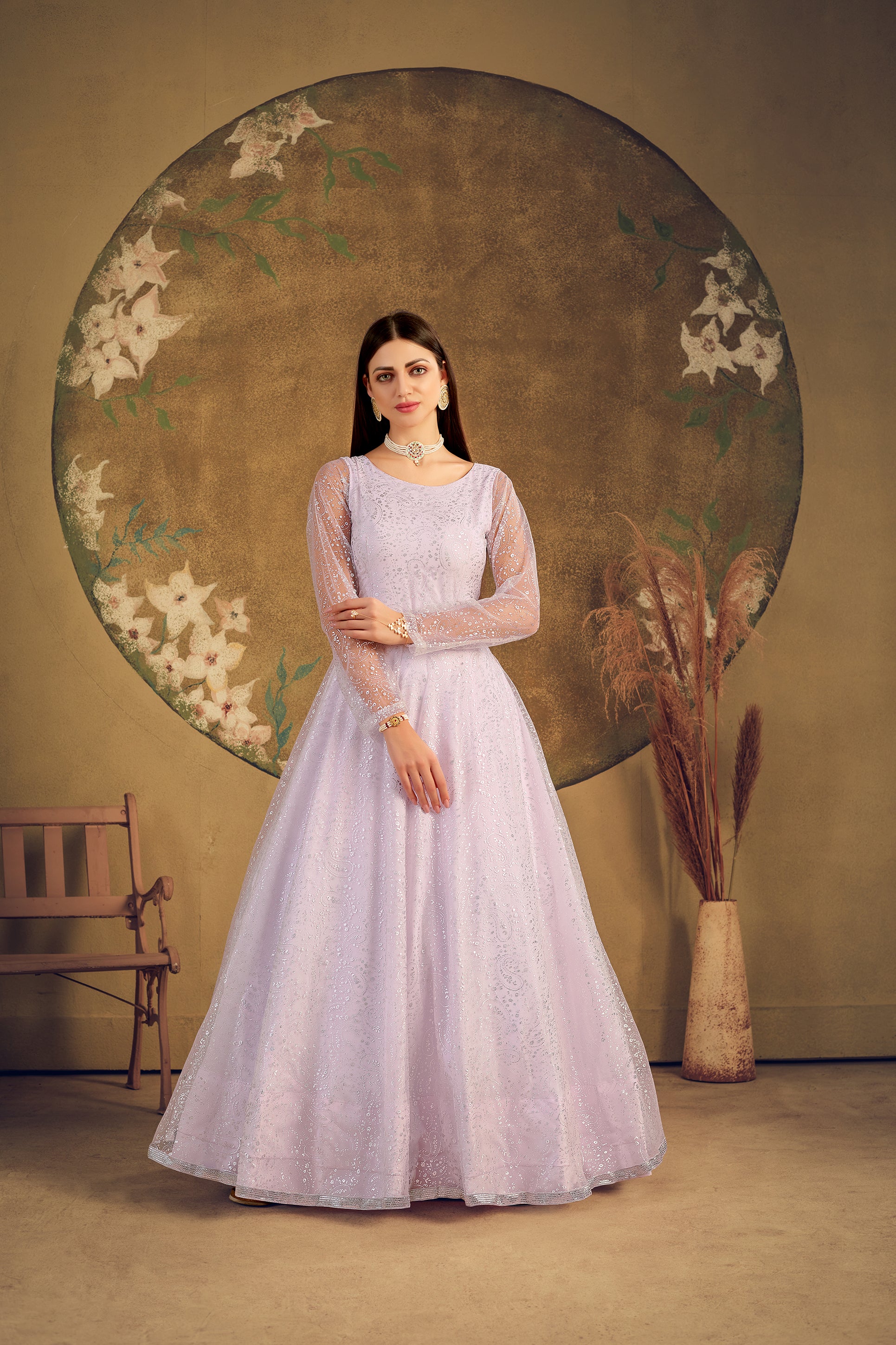 Pink Net Gown With One Side Ruffle Shoulder - House of Surya