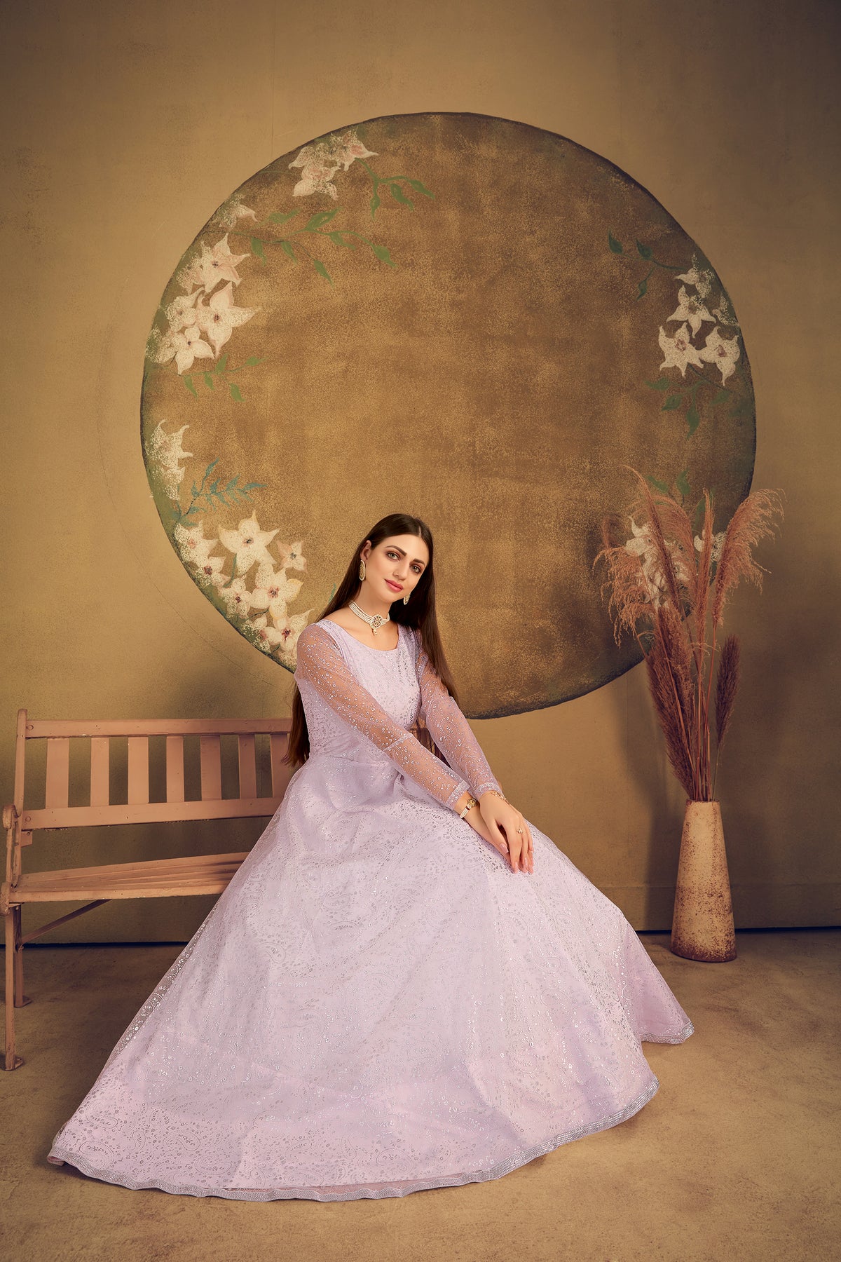 Exclusive Dress Designer Gown For Women Floral Bride Gown Indian Wedding Reception Gown Indian Suit Floral Anarkali Violet Gown ClothsVilla