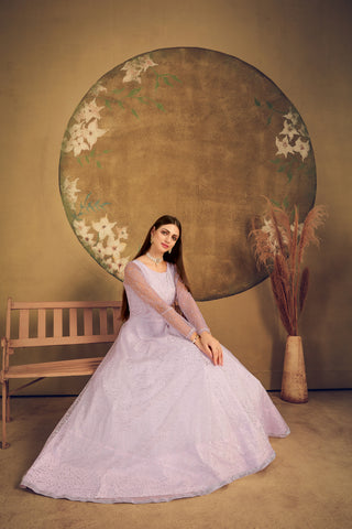Exclusive Dress Designer Gown For Women Floral Bride Gown Indian Wedding Reception Gown Indian Suit Floral Anarkali Violet Gown ClothsVilla