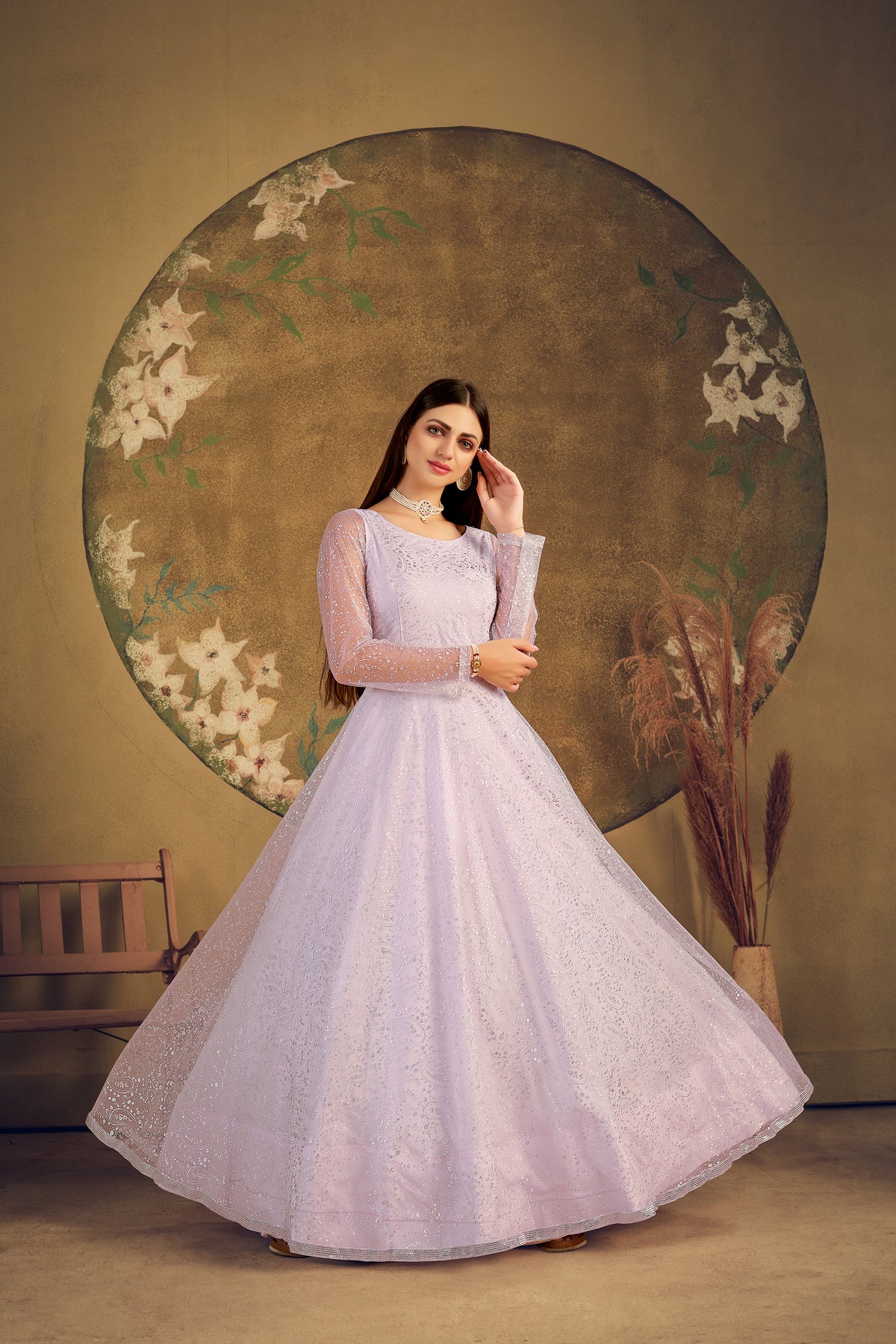 Exclusive Dress Designer Gown For Women Floral Bride Gown Indian Wedding Reception Gown Indian Suit Floral Anarkali Violet Gown ClothsVilla