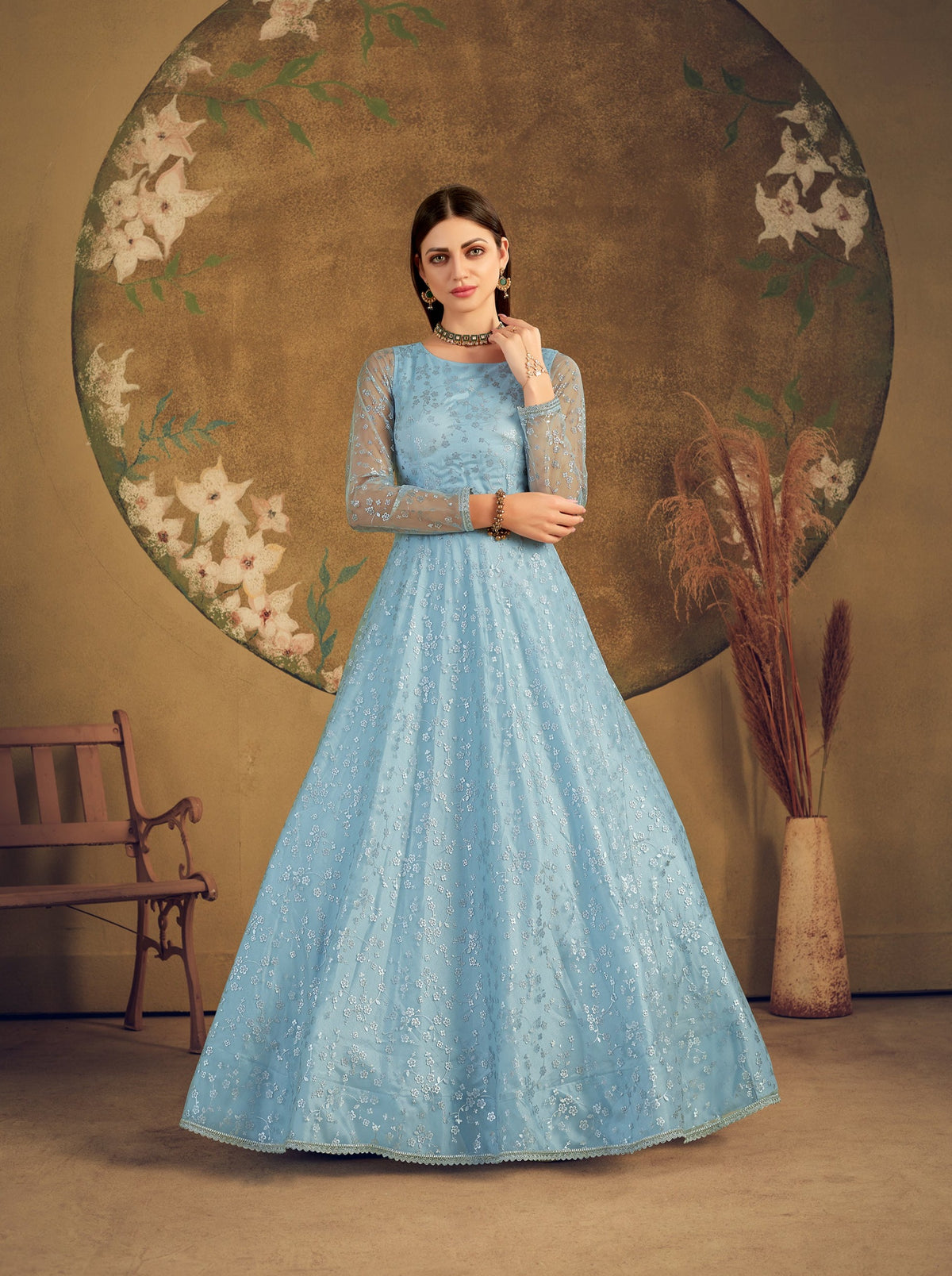 Exclusive Dress Designer Net Gown For Women Floral Bride Gown Indian Wedding Reception Gown Pakistani Suit Floral Anarkali Gown ClothsVilla