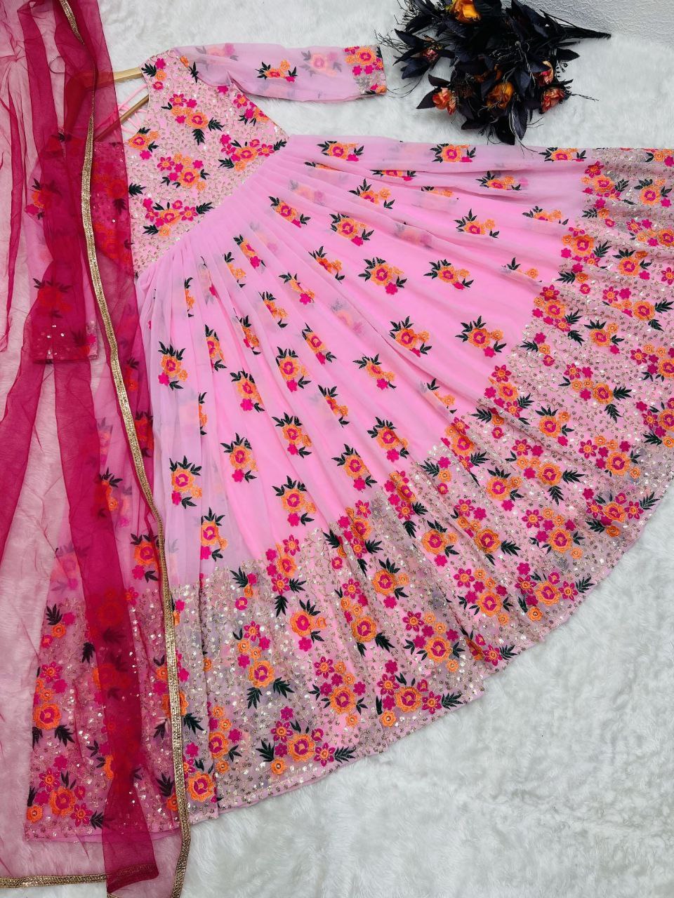 Exclusive Light Pink Color Embroidery With Moti Work Gown Clothsvilla