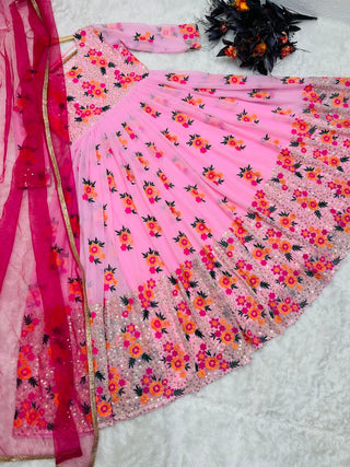 Exclusive Light Pink Color Embroidery With Moti Work Gown Clothsvilla