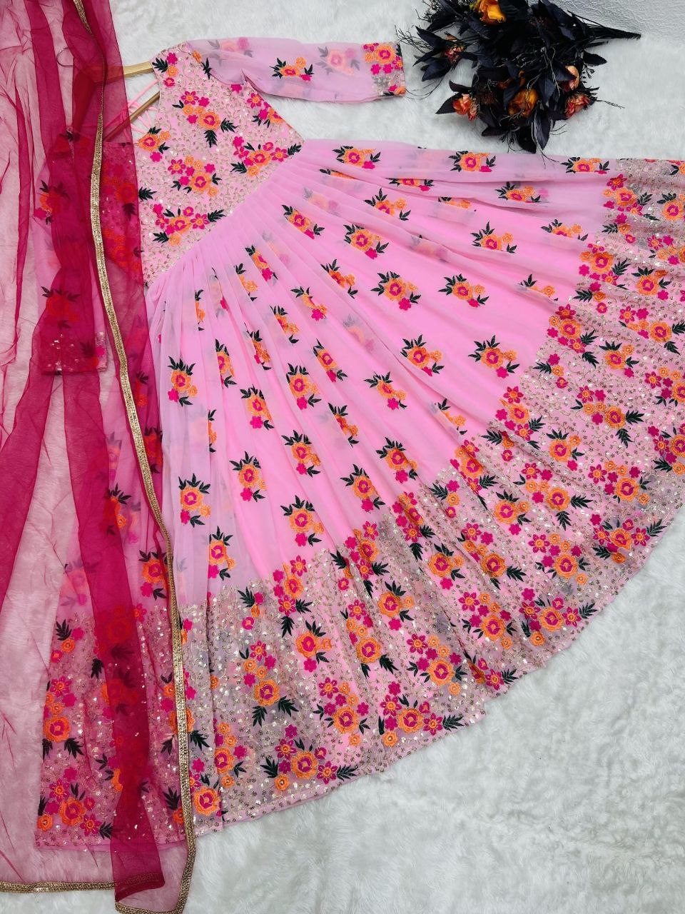 Exclusive Light Pink Color Embroidery With Moti Work Gown Clothsvilla