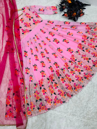 Exclusive Light Pink Color Embroidery With Moti Work Gown Clothsvilla
