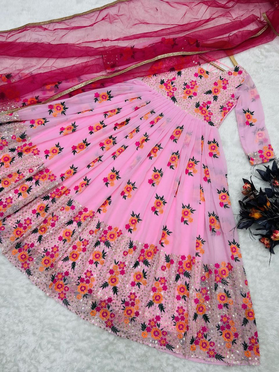 Exclusive Light Pink Color Embroidery With Moti Work Gown Clothsvilla