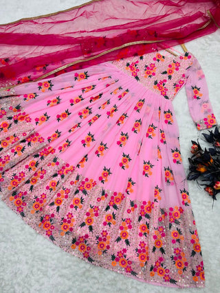 Exclusive Light Pink Color Embroidery With Moti Work Gown Clothsvilla