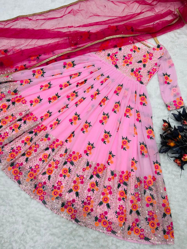 Exclusive Light Pink Color Embroidery With Moti Work Gown Clothsvilla