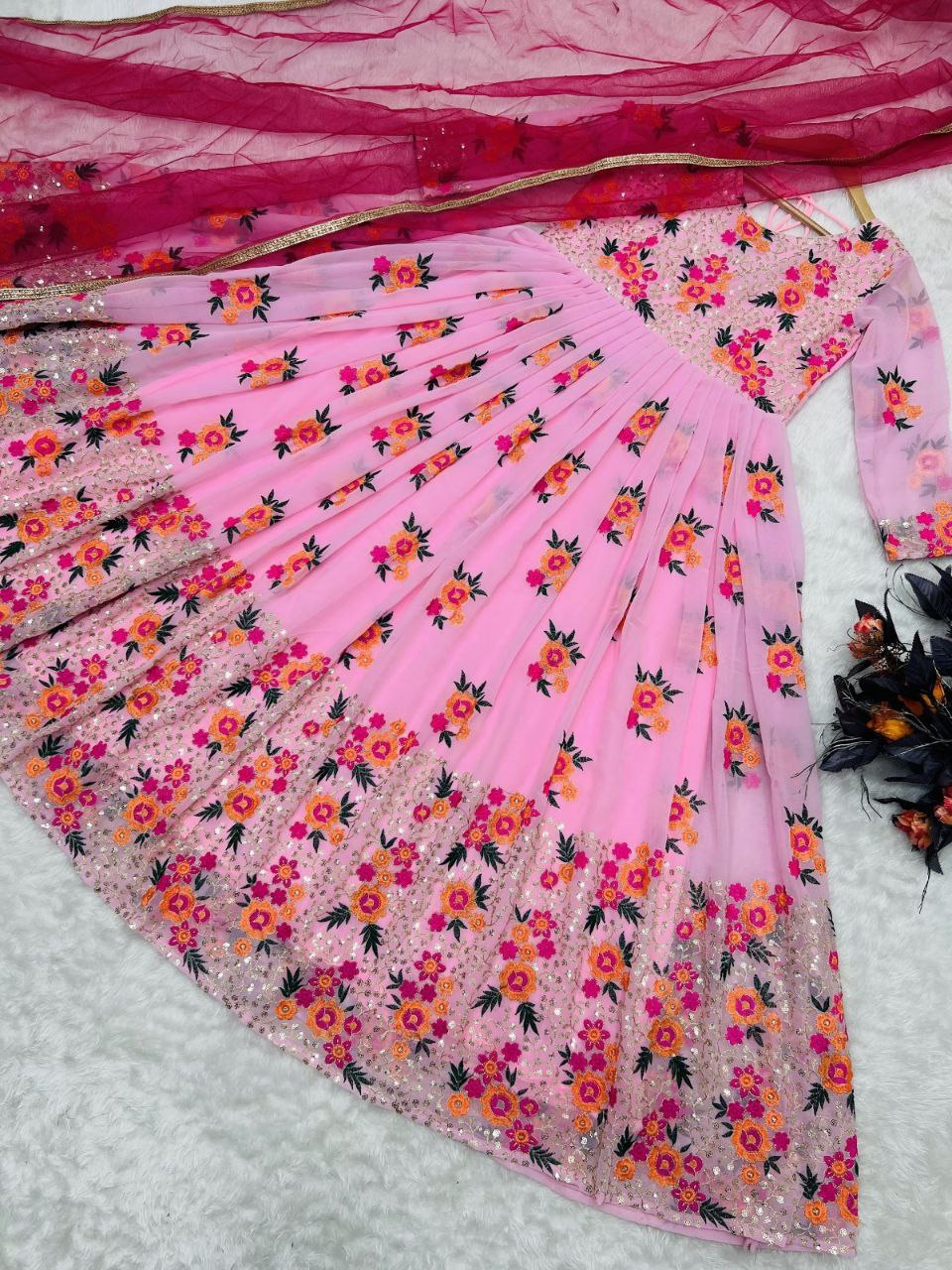 Exclusive Light Pink Color Embroidery With Moti Work Gown Clothsvilla