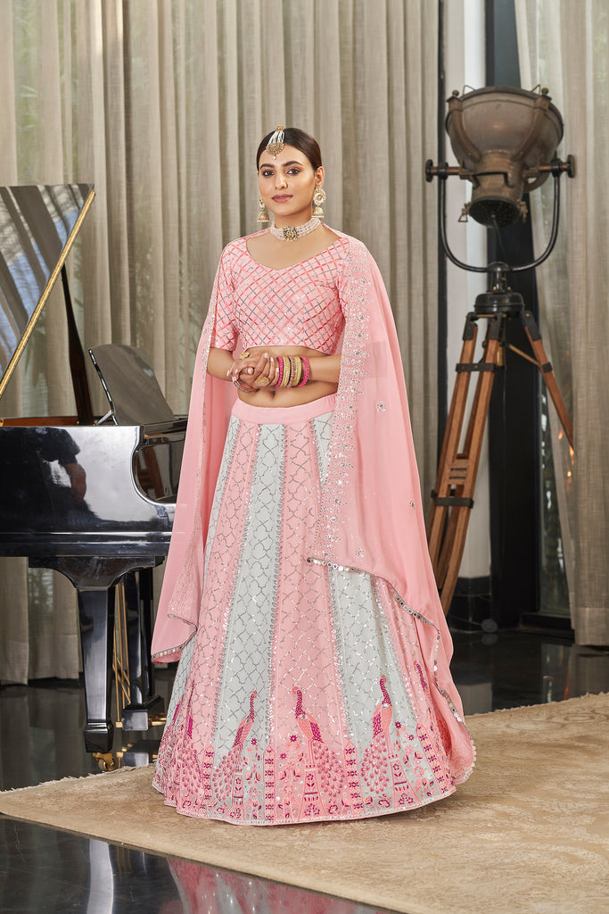 Exclusive Pink With Sky Color Sequence Embroidered Work Lehenga Choli Clothsvilla
