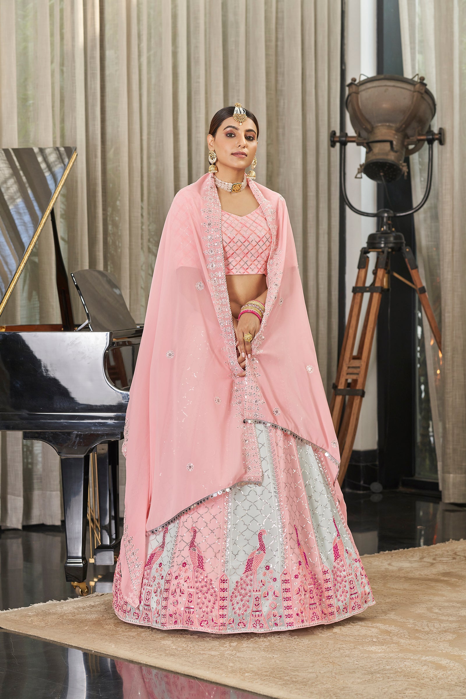 Exclusive Pink With Sky Color Sequence Embroidered Work Lehenga Choli Clothsvilla