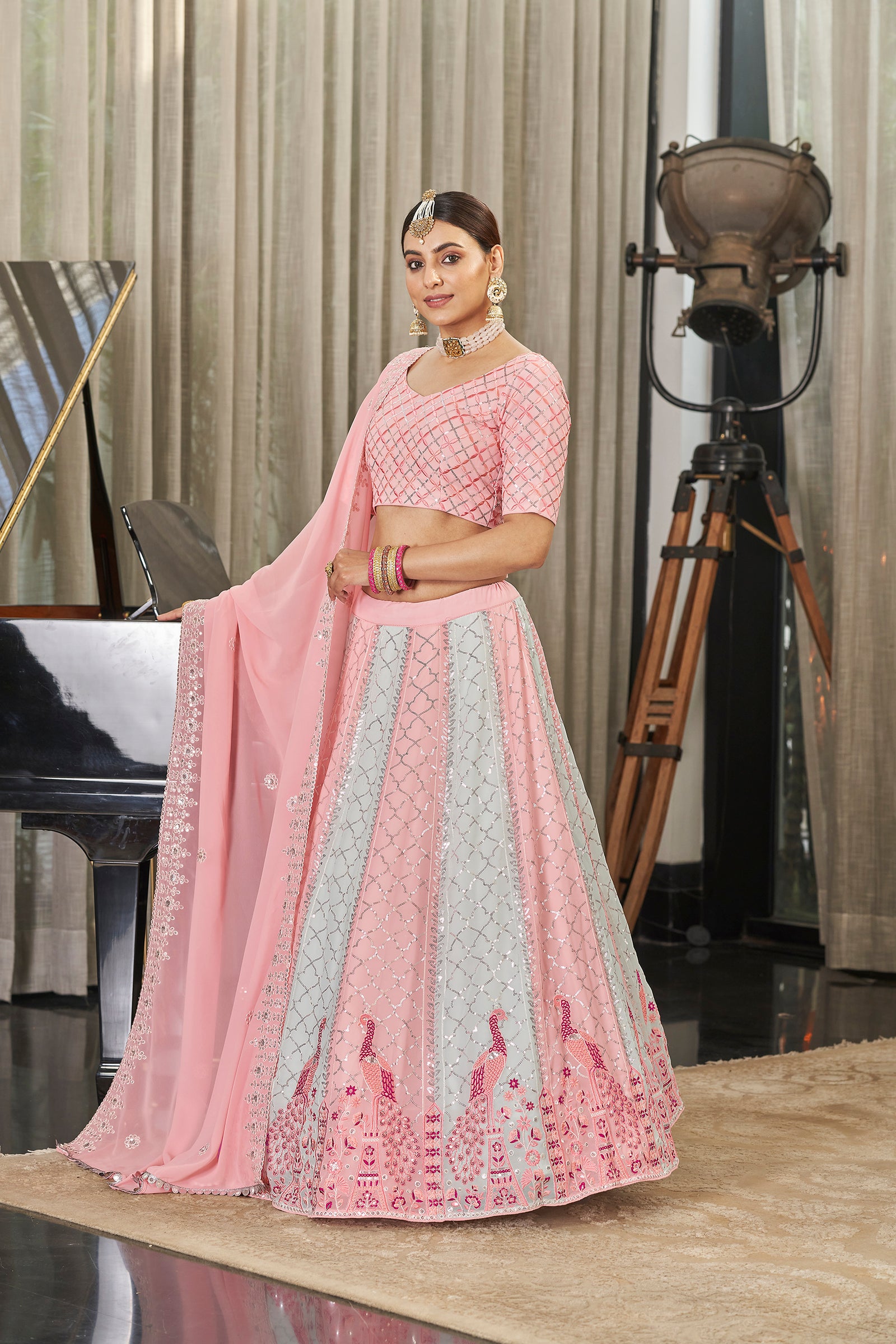 Exclusive Pink With Sky Color Sequence Embroidered Work Lehenga Choli Clothsvilla