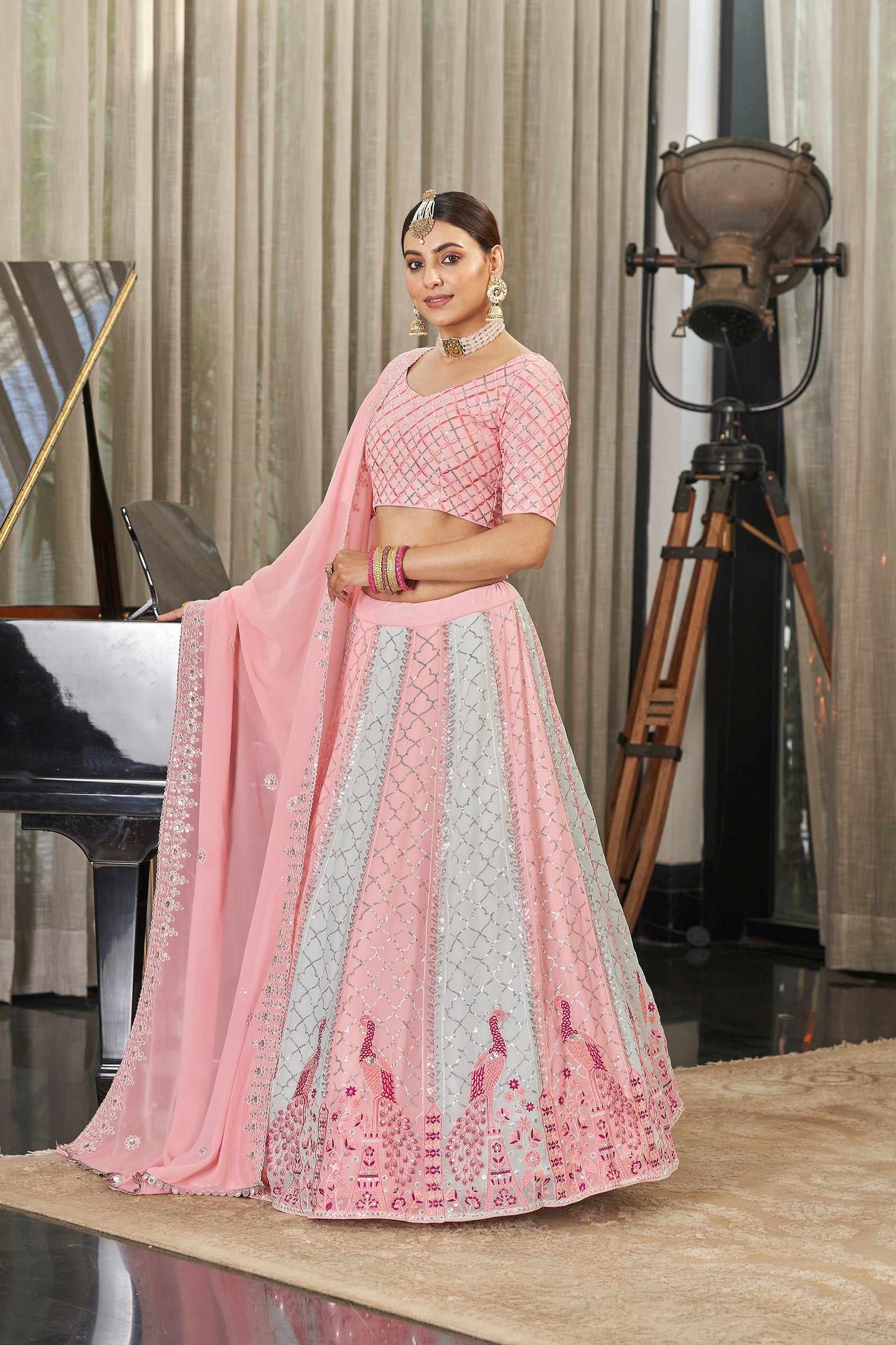 Exclusive Pink With Sky Color Sequence Embroidered Work Lehenga Choli Clothsvilla