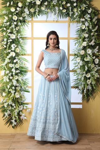 Exclusive Sky Blue Georgette Lehenga Choli - Chain Stitch And Sequence Work With Heavy Georgette Dupatta For Women ClothsVilla