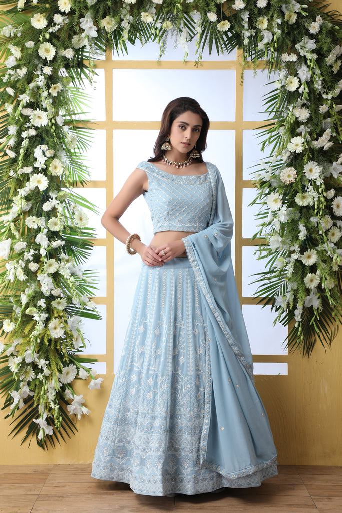 Exclusive Sky Blue Georgette Lehenga Choli - Chain Stitch And Sequence Work With Heavy Georgette Dupatta For Women ClothsVilla