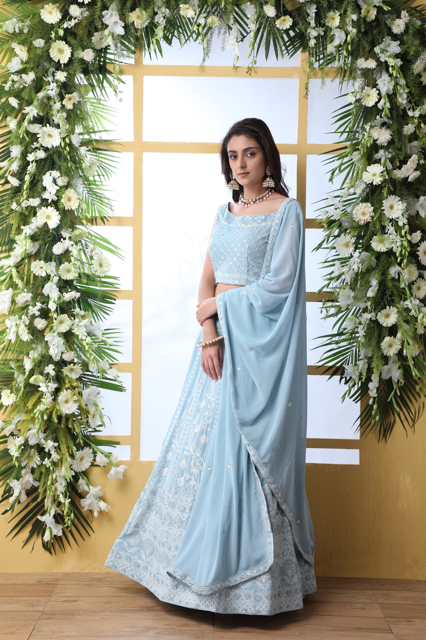 Exclusive Sky Blue Georgette Lehenga Choli - Chain Stitch And Sequence Work With Heavy Georgette Dupatta For Women ClothsVilla