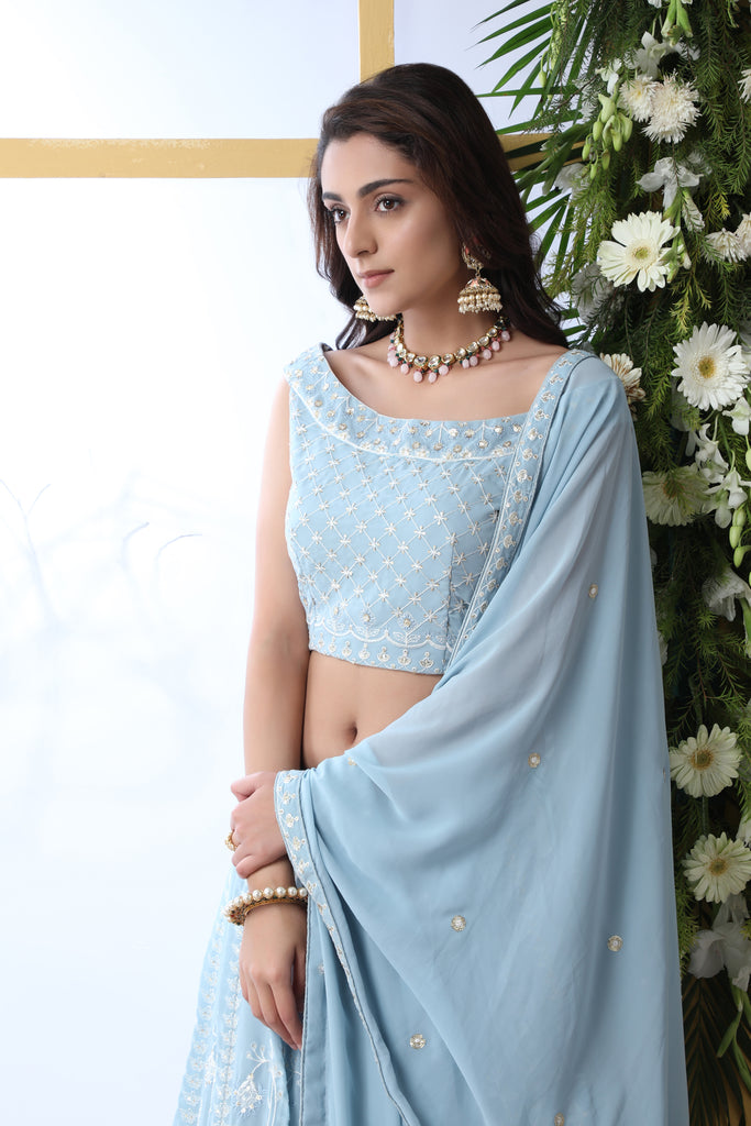 Exclusive Sky Blue Georgette Lehenga Choli - Chain Stitch And Sequence Work With Heavy Georgette Dupatta For Women ClothsVilla