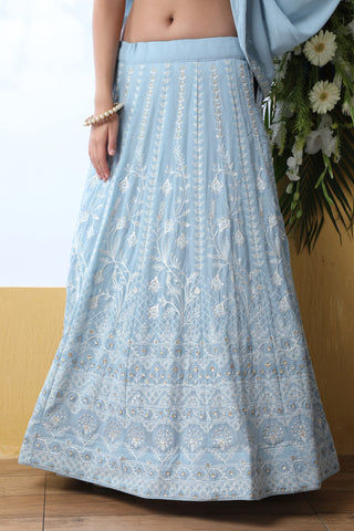 Exclusive Sky Blue Georgette Lehenga Choli - Chain Stitch And Sequence Work With Heavy Georgette Dupatta For Women ClothsVilla