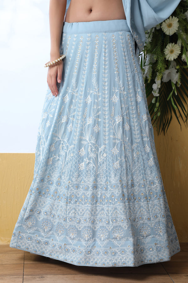 Exclusive Sky Blue Georgette Lehenga Choli - Chain Stitch And Sequence Work With Heavy Georgette Dupatta For Women ClothsVilla