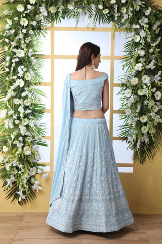 Exclusive Sky Blue Georgette Lehenga Choli - Chain Stitch And Sequence Work With Heavy Georgette Dupatta For Women ClothsVilla