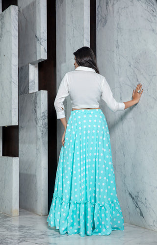 Exclusive White Color Rayon Fabric Party Wear Indo Western Top And Printed Skirt ClothsVilla