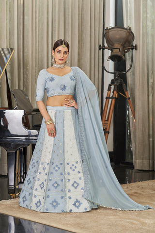 Exclusive White With Sky Color Sequence Embroidered Work Lehenga Choli Clothsvilla