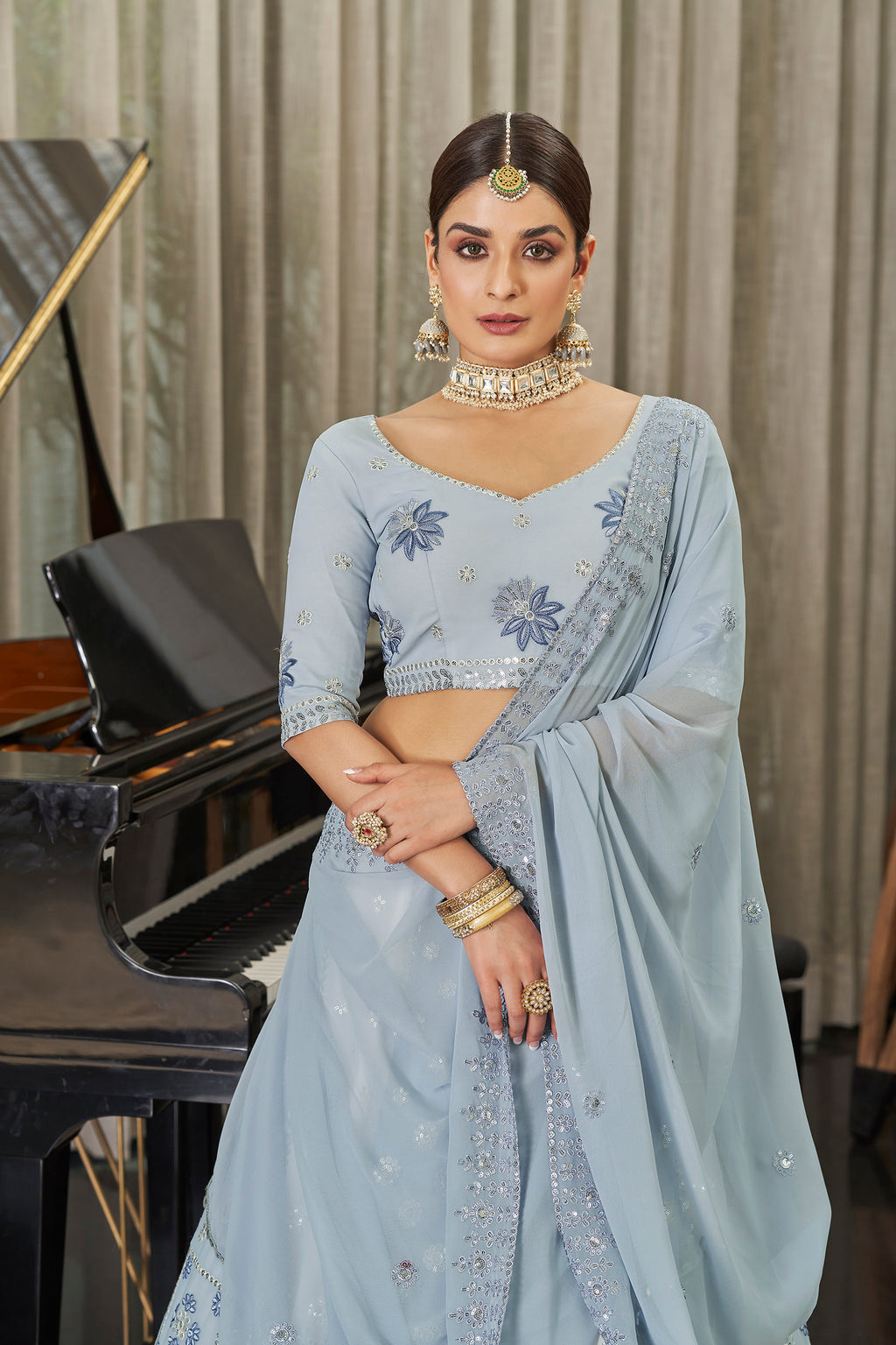 Exclusive White With Sky Color Sequence Embroidered Work Lehenga Choli Clothsvilla