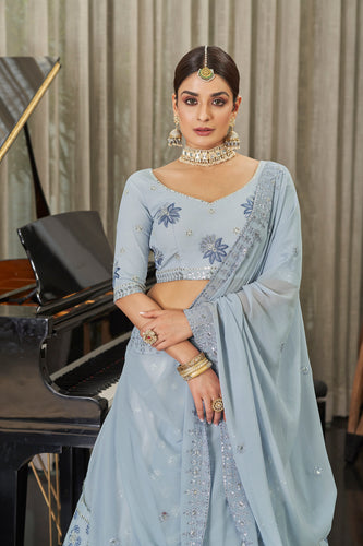 Exclusive White With Sky Color Sequence Embroidered Work Lehenga Choli Clothsvilla